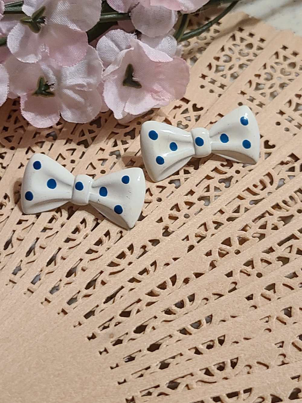 Vintage White Bow Earrings with Blue Polka Dots